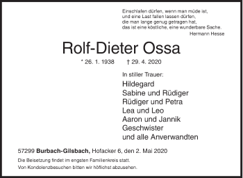 Traueranzeige von Rolf-Dieter Ossa von Siegener Zeitung