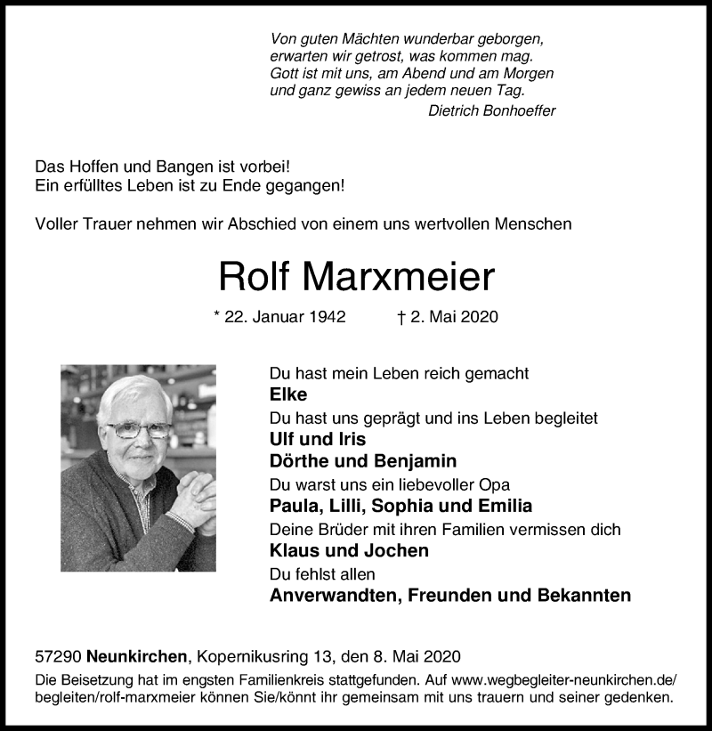  Traueranzeige für Rolf Marxmeier vom 08.05.2020 aus Siegener Zeitung