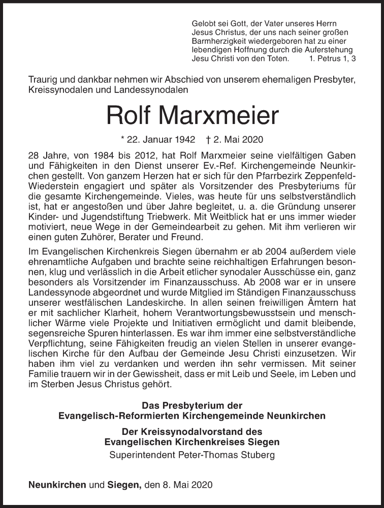  Traueranzeige für Rolf Marxmeier vom 08.05.2020 aus Siegener Zeitung