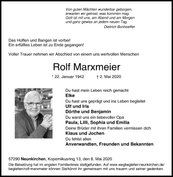 Traueranzeige von Rolf Marxmeier von Siegener Zeitung