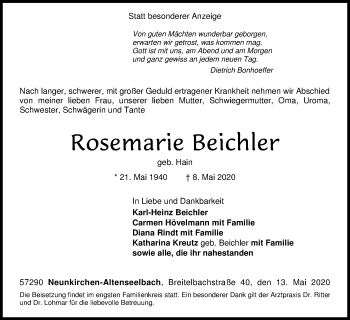 Traueranzeige von Rosemarie Beichler von Siegener Zeitung