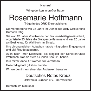Traueranzeige von Rosemarie Hoffmann von Siegener Zeitung