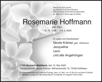Traueranzeige von Rosemarie Hoffmann von Siegener Zeitung