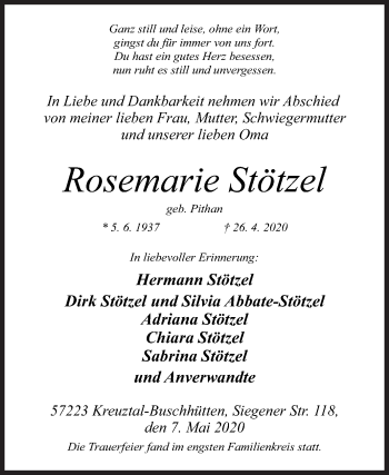 Traueranzeige von Rosemarie Stötzel von Siegener Zeitung