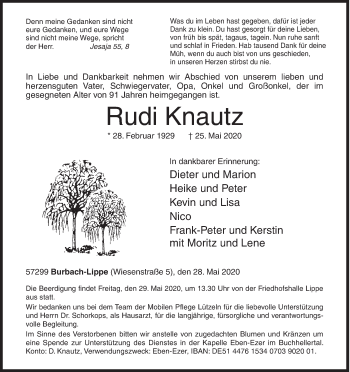 Traueranzeige von Rudi Knautz von Siegener Zeitung
