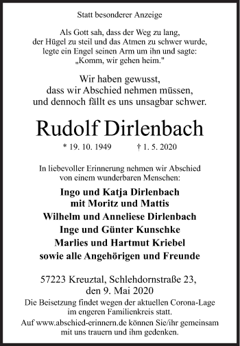 Traueranzeige von Rudolf Dirlenbach von Siegener Zeitung