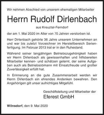 Traueranzeige von Rudolf Dirlenbach von Siegener Zeitung