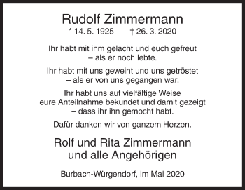 Traueranzeige von Rudolf Zimmermann von Siegener Zeitung