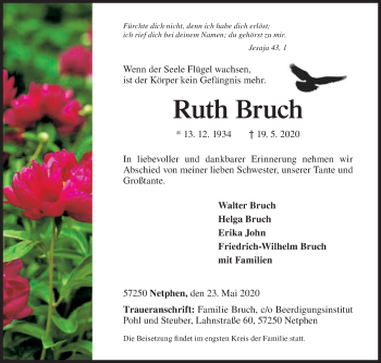 Traueranzeige von Ruth Bruch von Siegener Zeitung