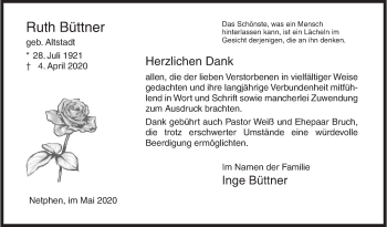Traueranzeige von Ruth Büttner von Siegener Zeitung