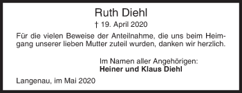 Traueranzeige von Ruth Diehl von Siegener Zeitung