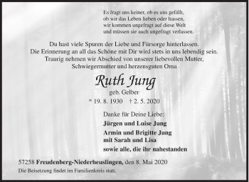 Traueranzeige von Ruth Jung von Siegener Zeitung