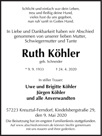 Traueranzeige von Ruth Köhler von Siegener Zeitung