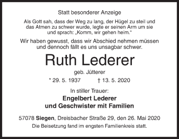 Traueranzeige von Ruth Lederer von Siegener Zeitung