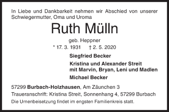 Traueranzeige von Ruth Mülln von Siegener Zeitung