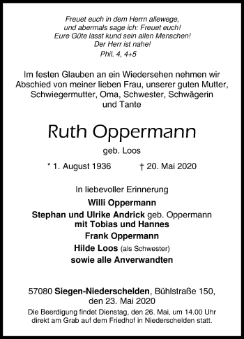 Traueranzeige von Ruth Oppermann von Siegener Zeitung