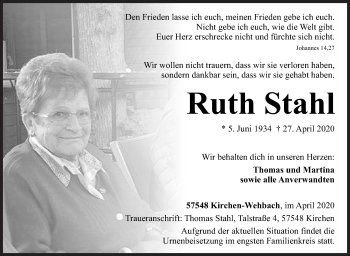Traueranzeige von Ruth Stahl von Siegener Zeitung