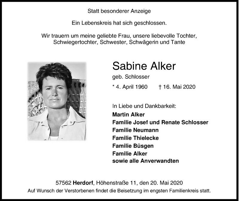  Traueranzeige für Sabine Alker vom 20.05.2020 aus Siegener Zeitung