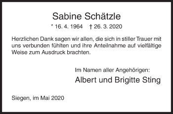 Traueranzeige von Sabine Schätzle von Siegener Zeitung