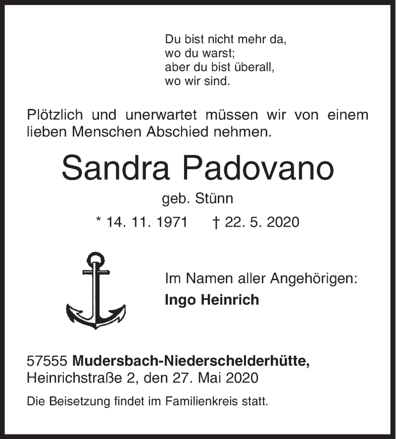  Traueranzeige für Sandra Padovano vom 27.05.2020 aus Siegener Zeitung