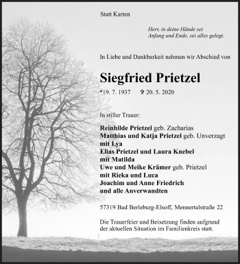 Traueranzeige von Siegfried Prietzel von Siegener Zeitung