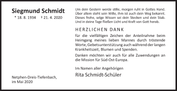 Traueranzeige von Siegmund Schmidt von Siegener Zeitung