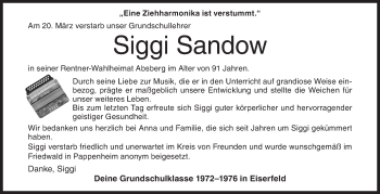 Traueranzeige von Siggi Sandow von Siegener Zeitung