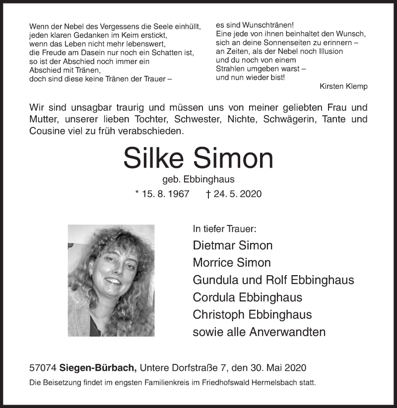  Traueranzeige für Silke Simon vom 30.05.2020 aus Siegener Zeitung
