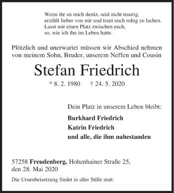 Traueranzeige von Stefan Friedrich von Siegener Zeitung