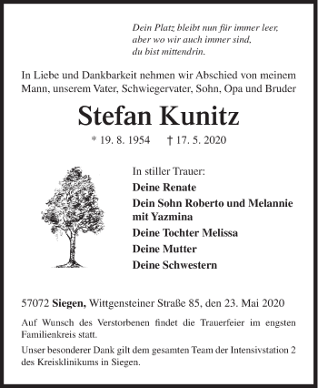 Traueranzeige von Stefan Kunitz von Siegener Zeitung