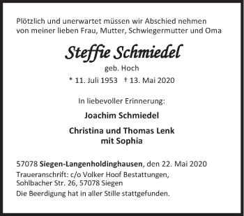 Traueranzeige von Steffie Schmiedel von Siegener Zeitung