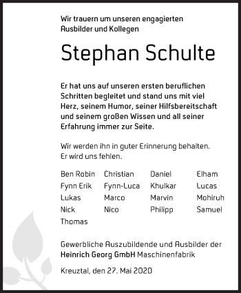 Traueranzeige von Stephan Schulte von Siegener Zeitung