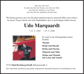 Traueranzeige von Udo Marquardt von Siegener Zeitung