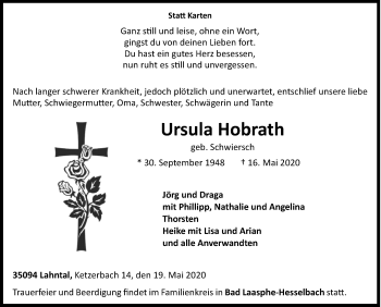 Traueranzeige von Ursula Hobrath von Siegener Zeitung