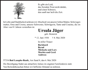 Traueranzeige von Ursula Jäger von Siegener Zeitung