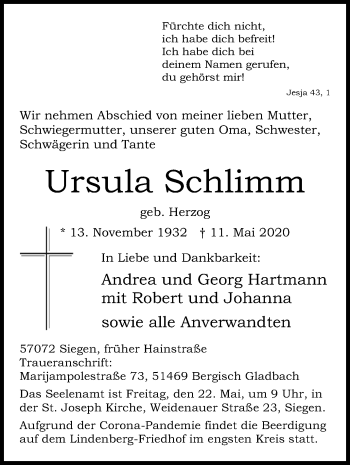 Traueranzeige von Ursula Schlimm von Siegener Zeitung