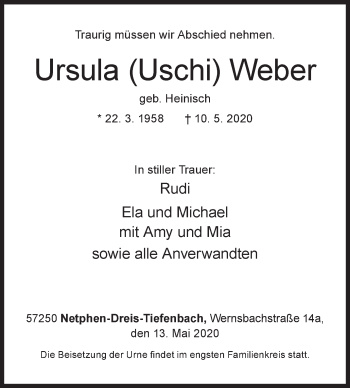 Traueranzeige von Ursula Weber von Siegener Zeitung