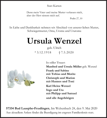 Traueranzeige von Ursula Wenzel von Siegener Zeitung