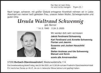 Traueranzeige von Ursula Waltraud Schwennig von Siegener Zeitung