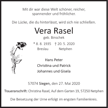 Traueranzeige von Vera Rasel von Siegener Zeitung