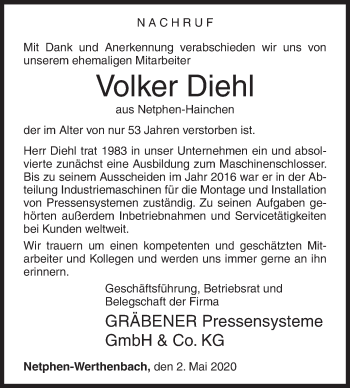 Traueranzeige von Volker Diehl von Siegener Zeitung