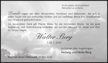 Traueranzeige von Walter Berg von Siegener Zeitung