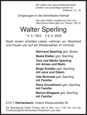 Traueranzeige von Walter Sperling von Siegener Zeitung