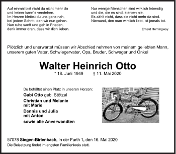 Traueranzeige von Walter Heinrich Otto von Siegener Zeitung