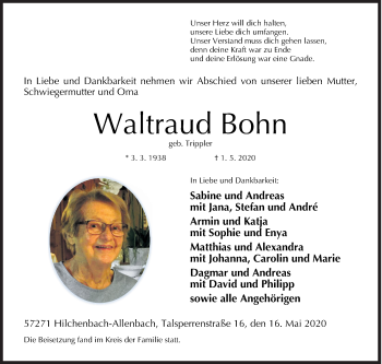 Traueranzeige von Waltraud Bohn von Siegener Zeitung