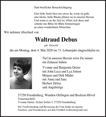 Traueranzeige von Waltraud Debus von Siegener Zeitung