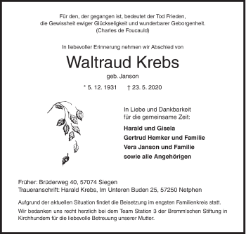 Traueranzeige von Waltraud Krebs von Siegener Zeitung