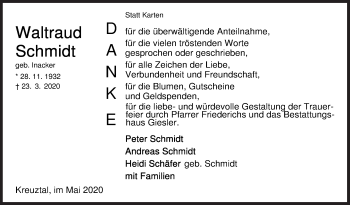 Traueranzeige von Waltraud Schmidt von Siegener Zeitung
