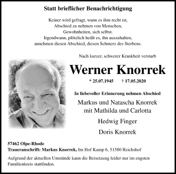 Traueranzeige von Werner Knorrek von Siegener Zeitung