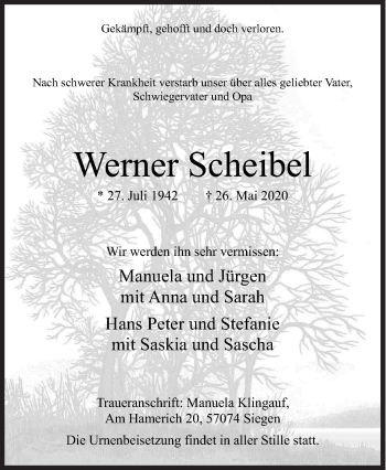 Traueranzeige von Werner Scheibel von Siegener Zeitung